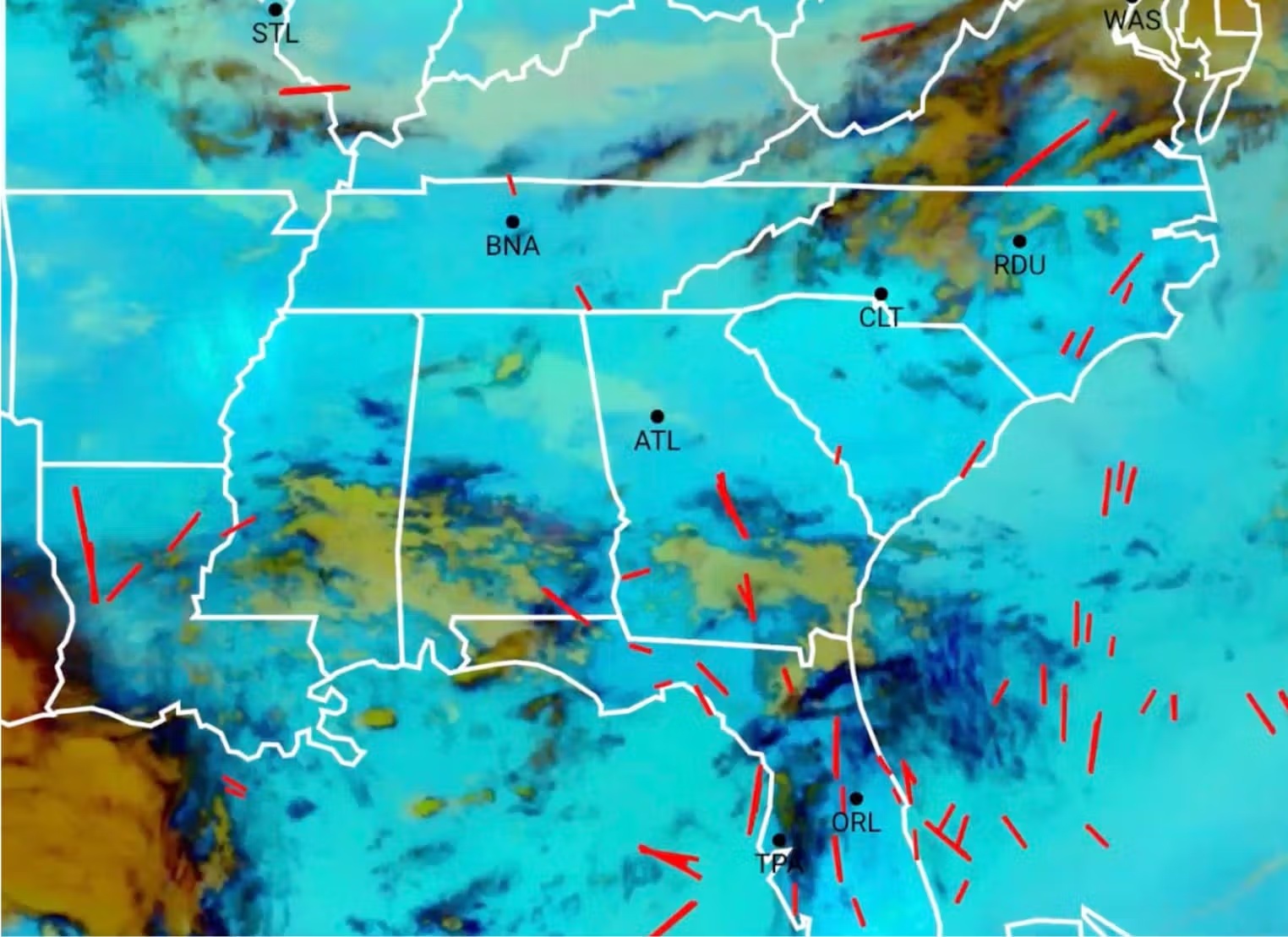 A satellite image of the Earth's cloud cover, with contrails highlighted in red.